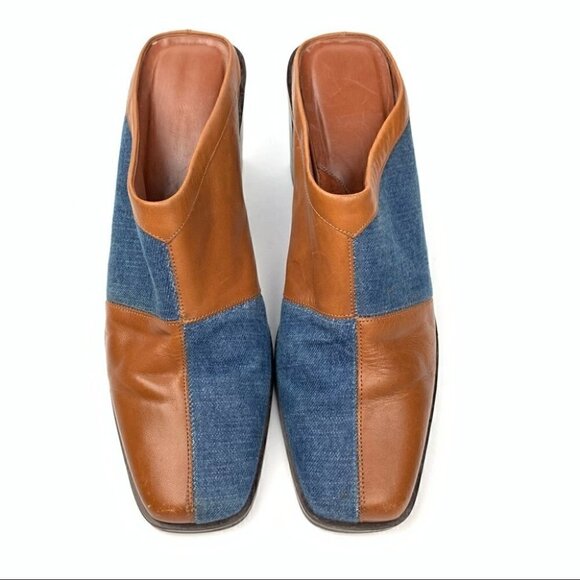 Worthington Napa heels size 8 cognac leather denim square toe mules western 90s - Picture 3 of 11